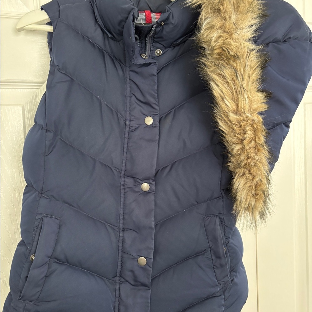 Navy Blue Puffer Vest with Faux Fur Trim
